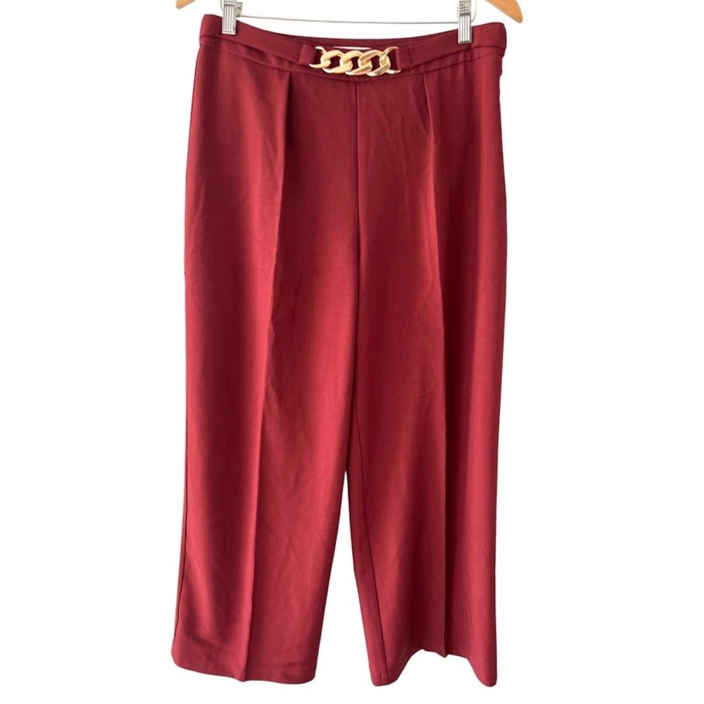 Commense Wide Leg Pants Burgundy High Waist Pleated Gold Chain Womens L